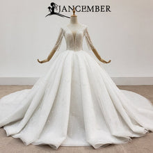 HTL1419 Wedding Dress v neck long sleeve wedding dress with pearl and transparent bead wedding gown wending dress