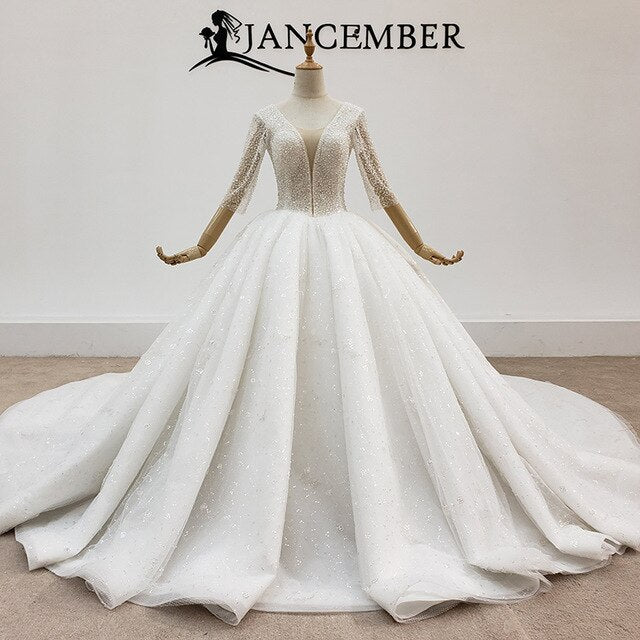 HTL1419 Wedding Dress v neck long sleeve wedding dress with pearl and transparent bead wedding gown wending dress