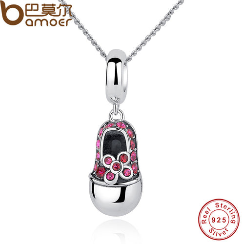 BAMOER Luxury 925 Sterling Silver Red Crystal Shoes Pendant Necklace For Women Necklace Jewelry CC027
