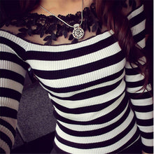 Striped Sweater Women 2017 Fashion Spring Fall Pullover Full Sleeve Knitted Shirt Lace Stitching Casual Slim Fit Top Plus Size