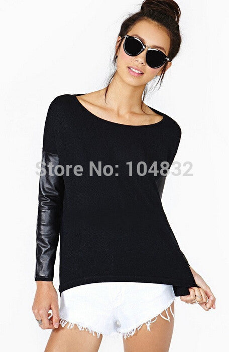 EAST KNITTING E55 Fashion 2017 Autumn New Women's PU Leather Stitching Knitwear Ladies Popular Elegant Sweaters Coat Plus Size