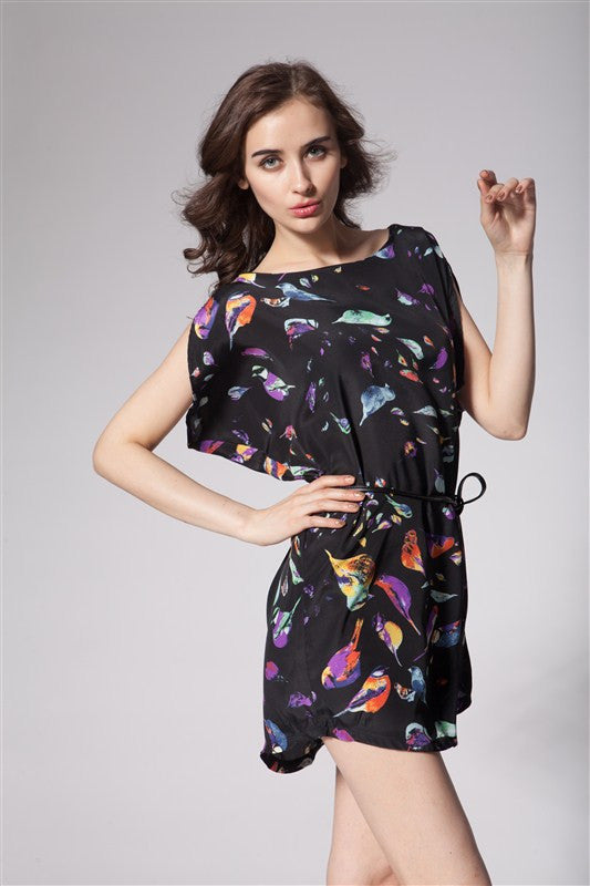 Bird Print Chiffon O-Neck Dress
