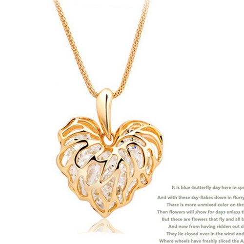 2016  Vintage Built Sparkling Golden Hollow Zircon Love Leaves Sweater Chain Necklace Fashion Necklace