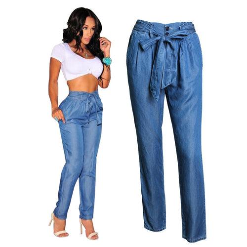 2016 New Arrival Women High Waist Denim Pants Summer Elastic Waist Pants Casual Loose Thin Jeans Women