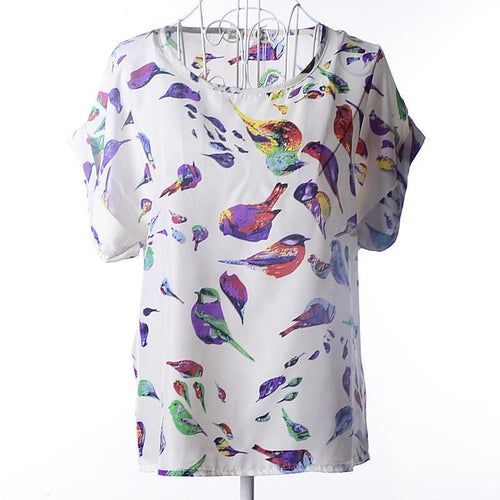 2015 New Print Chiffon Women Blouse 19 Patterns Blouse Free Shipping O-Neck Short Sleeve Drop Shipping Blouse 5 size S-XXL