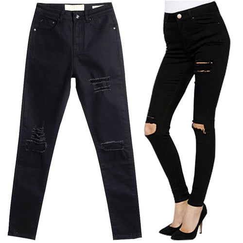 2016 New Arrival Skinny Women Jeans High Waist Pencil Pants Slim Ripped Black Jeans Trousers