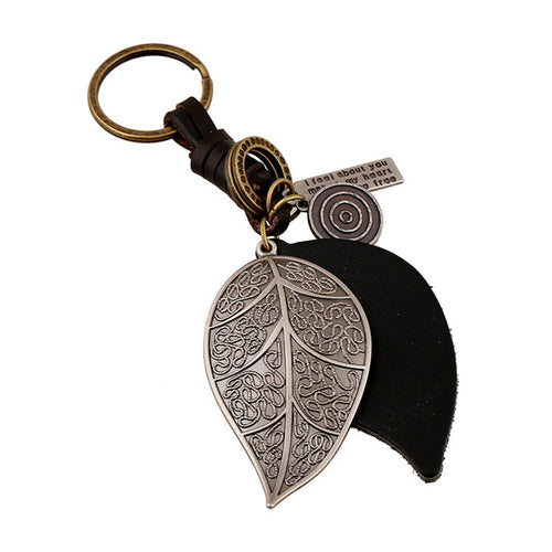 2016 New Style Pure Manual Weaving Retro Big Leaves Design Key Chain Male and Female Genuine Leather Metal Keychain