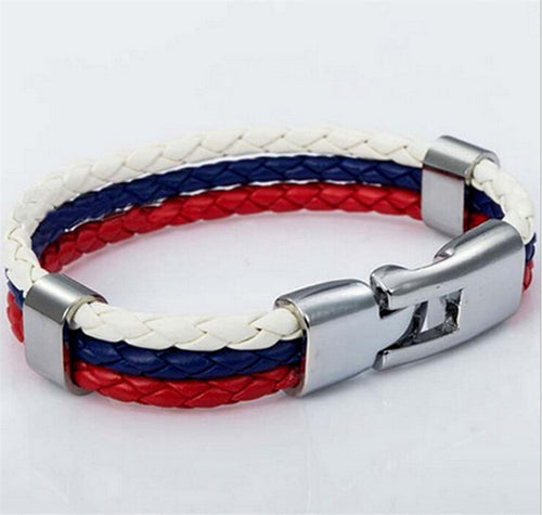 World Cup National Flags Sports 3 Strands Rope Braided Surfer Leather Bracelets Women/Men Bracelets (8inch Long)