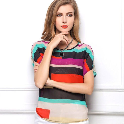 European and American Fashion Style Rainbow Colored Batwing Short Sleeve Loose Chiffon Irregular Striped Female's Blouse