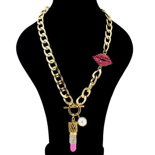 2016 Vintage Jewelry Red Lip Metal Chain Necklace Unique Design Pendant Necklace For Women Statement Necklace