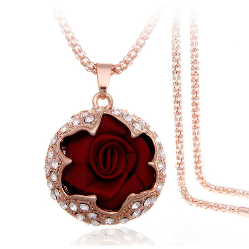 European Rose Design Pendant Necklace Fashion Crystal long Sweater chain Woman Fashion Jewelry Wholesale&Retail