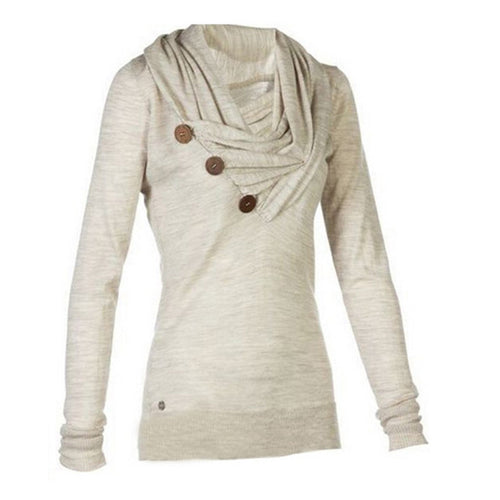 Women's Long-sleeved Big V-neck Hoodies New Fashion Button Design Solid Color Slim Women Coat  Gray/Khaki