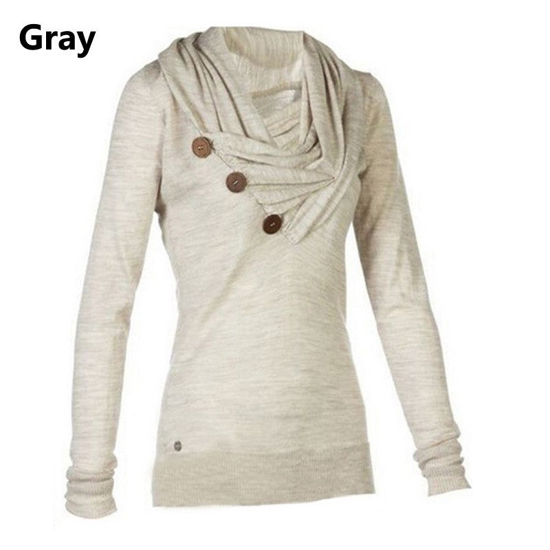 Women's Long-sleeved Big V-neck Hoodies New Fashion Button Design Solid Color Slim Women Coat  Gray/Khaki