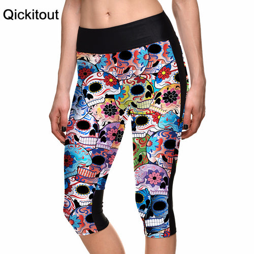 DROP ship SEXY Hot Women's 7 point pants women legging Skull flower color digital print women high waist Side pocket phone pant