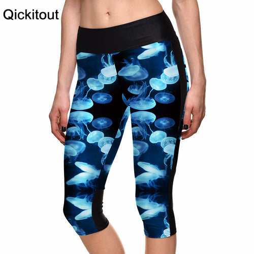 Fashion Women's 7 point pants New Cropped legging Benthos blue jellyfish digital print women high waist Side pocket phone pant