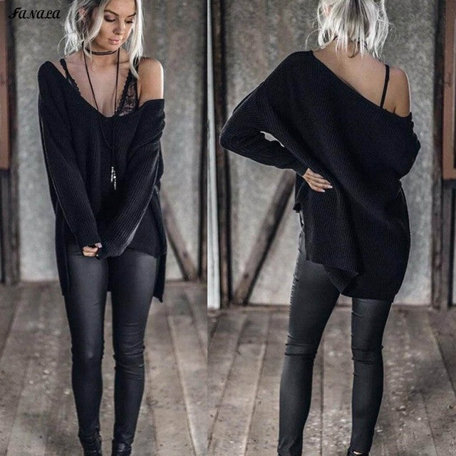 Cotton Sweater Women 2017 Loose Women Sweaters and Pullovers V Neck Solid Color Long Sleeve Knitted Sweater Female Spring Winter