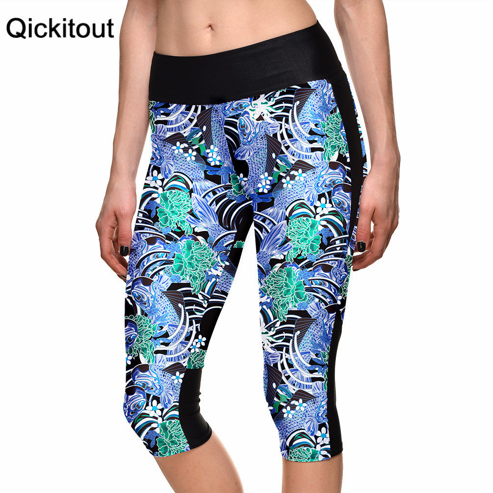 Summer styles Sexy Hot women's 7 point pants Fashion  Elegant carp Fish digital print women high waist Side pocket phone pants