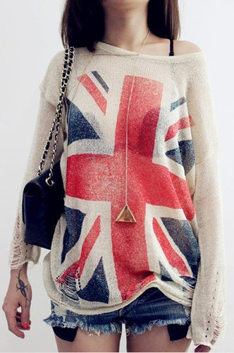 East Knitting BB-060 Women Fashion  UK Flag hollow out loose Knitting Sweaters Pullover Tops
