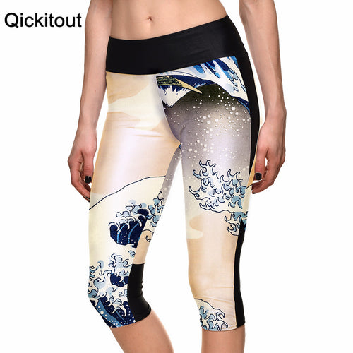New Sexy Hot Women's 7 point pants women's leggings beach waves digital print women high waist Side pocket phone pant