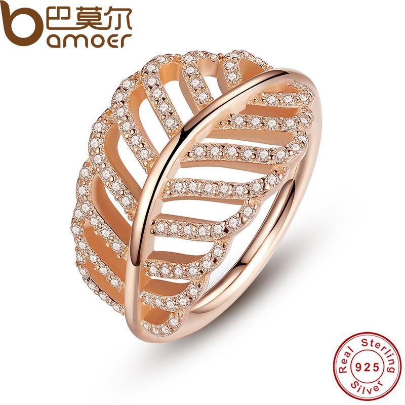 BAMOER 925 Sterling Silver Light As A Feather Ring Rose & Clear CZ Finger Ring for Women Wedding Authentic Fine Jewelry PA7144