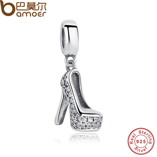 Romantic 925 Pure Silver heels Shape Sparkling Shoe Stiletto Clear CZ Charm Fit  Bracelet with Cubic Zirconia PAS016