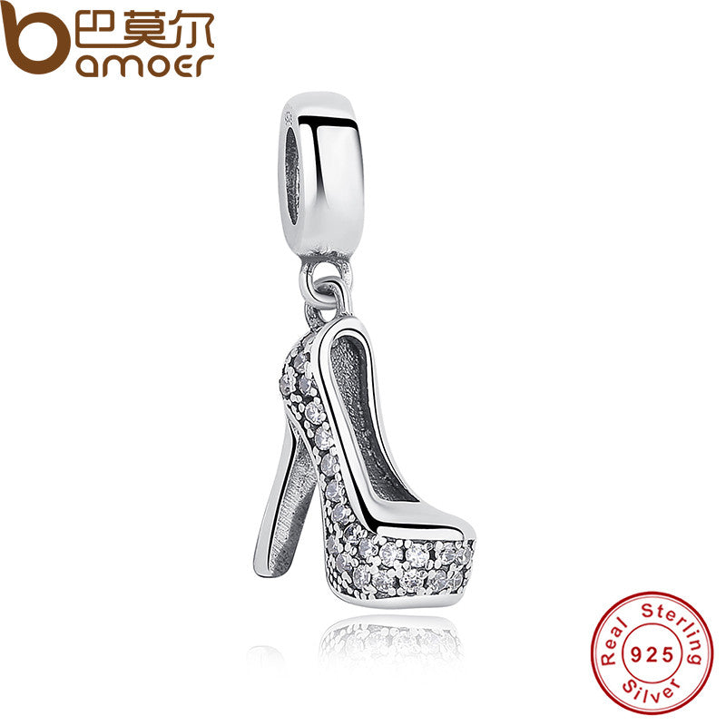 Romantic 925 Pure Silver heels Shape Sparkling Shoe Stiletto Clear CZ Charm Fit  Bracelet with Cubic Zirconia PAS016